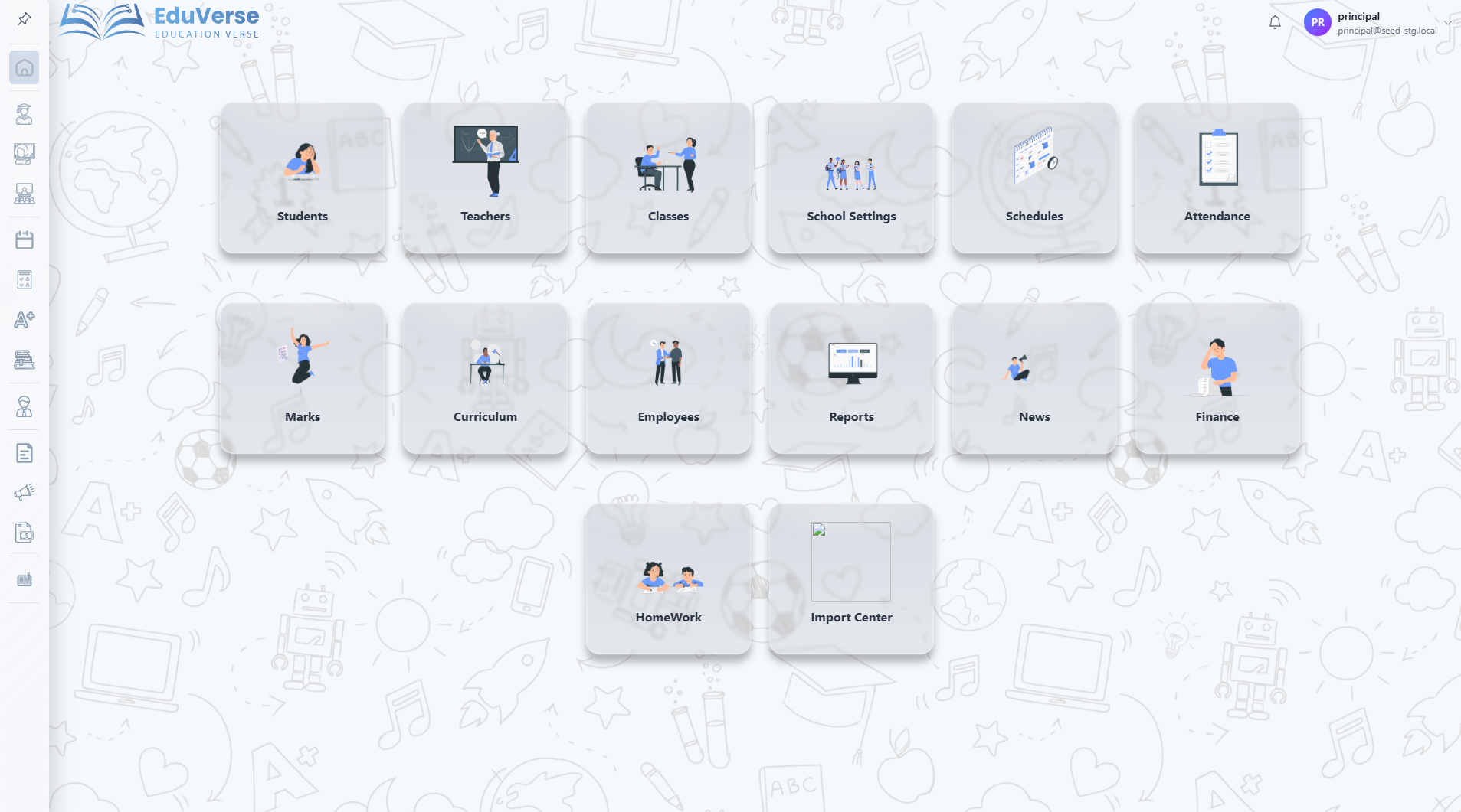 EduVerse home workspace with student, teacher, class, schedule, attendance, mark, curriculum, employee, report, news, finance, homework, and import modules